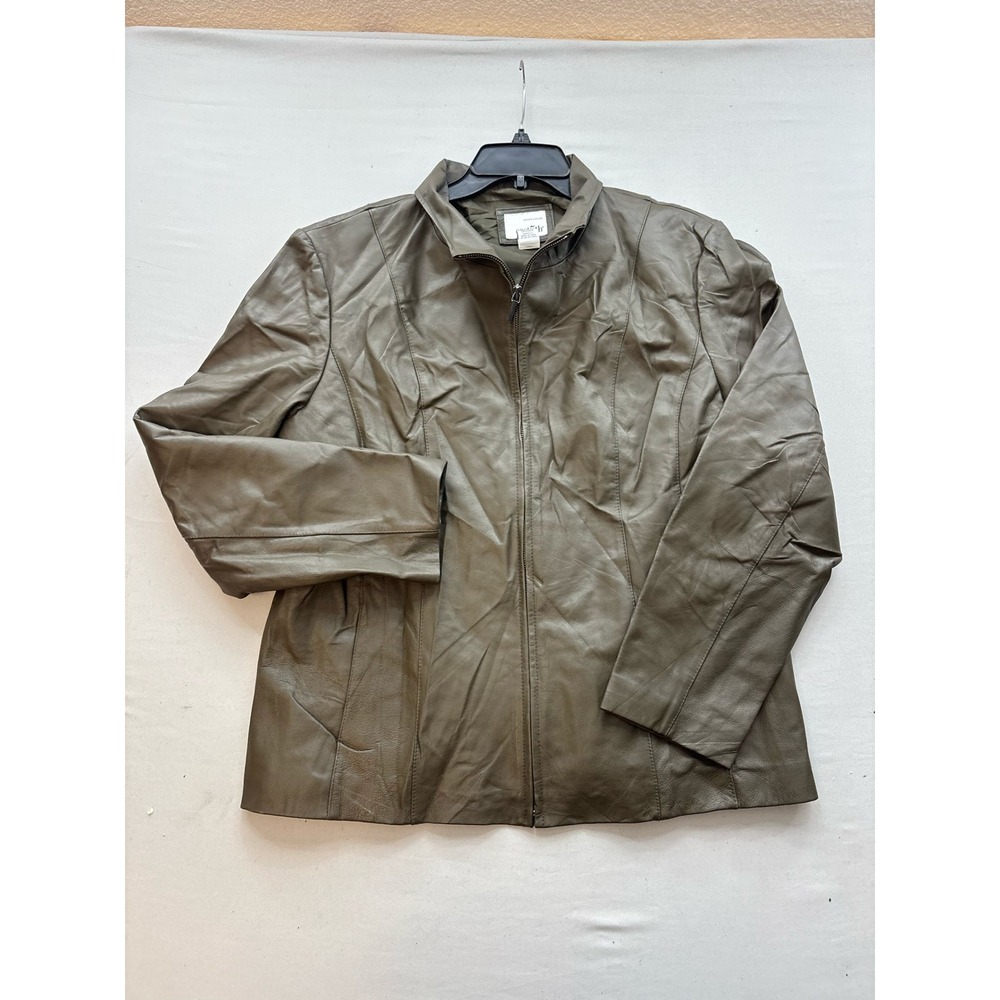 East 5th Womens Genuine Leather Jacket XL Olive Green Zip Front Mock Neck Coat